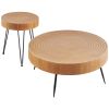 Set of 2 Round Wood Coffee Tables with Metal Legs, Natural