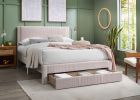 Contemporary Queen-Size Platform Bed with Corduroy Upholstery & Storage Drawer, Light Pink