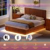 Modern Wooden Queen-Size Bed with LED Lights, Corrugated Curved Lines, & Convex Groove Board Design, Walnut