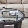 Modern Round Solid Wood Coffee Table with Tempered Glass Top, Black