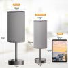 3-Way Dimmable Bedside Lamp with USB C/A Charging Ports, AC Outlet, & Grey Linen Shade