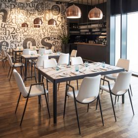 Tokai White Modern Marble-Look Laminate Dining Table with Solid Wood Base