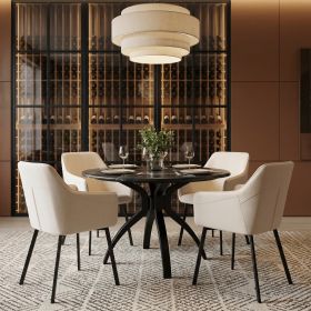 Sumay Black Modern Marble-Look Laminate Dining Table with Solid Wood Base