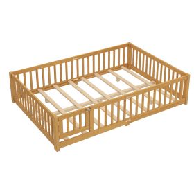 Queen Montessori Kids Floor Bed with Guardrails & Lockable Door – Pine Wood (Option: Natural_Queen)