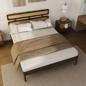 Pine Queen-Size Bed with Painted Finish & Rattan Headboard, Dark Walnut (Option: defaulttitle)