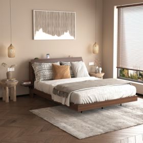 Floating Wood Queen-Size Platform Bed with LED Lights & Charging Station, Brown (Option: defaulttitle)