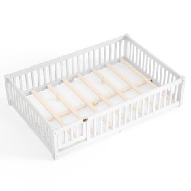 Queen Montessori Kids Floor Bed with Guardrails & Lockable Door – Pine Wood (Option: White_Queen)
