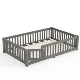 Full Montessori Floor Bed with Guardrails & Lockable Door – Pine Wood (Option: Gray_Full)