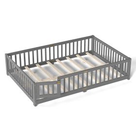 Queen Montessori Kids Floor Bed with Guardrails & Lockable Door – Pine Wood (Option: Gray_Queen)
