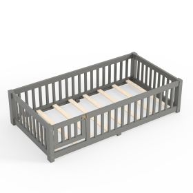 Twin Montessori Wooden Floor Bed with Guardrails & Lockable Door – Pine (Option: Gray_Twin)