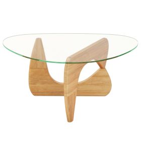 Triangular Coffee Table with Tempered Glass Top and Adjustable Rubberwood Base (Color: Natural)