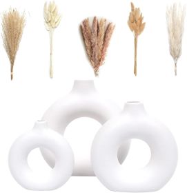 Set of 3 White Ceramic Vases with Dried Pampas Grass (Color: White)