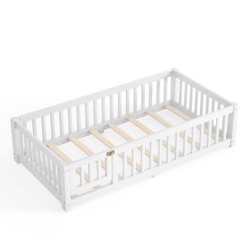 Twin Montessori Wooden Floor Bed with Guardrails & Lockable Door – Pine (Option: White_Twin)