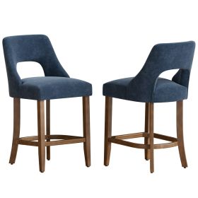 Set of 2 Mid-Century Counter Height Bar Stools – Chenille Upholstered (Option: 2Pcs_Navy)